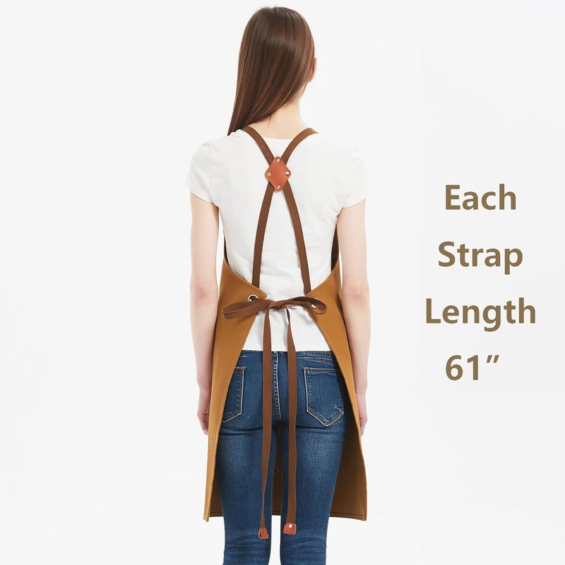 AFUN Chef Aprons for Women Men with Large Pockets, Cotton Canvas Cross Back Water Repellent Work Apron, Size M to XXL (Brown) - Image 3